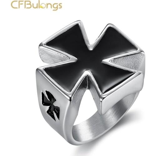 CFBulongs New Store Fashion Black Cross Medal Mens Ring Vintage Top Stainless Steel Gothic Cross Finger Ring Men Charm Jewelry