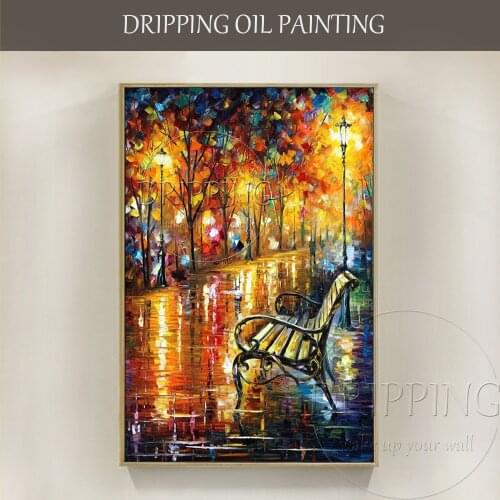 Pure Hand-painted Wall Art Abstract Knife Painting Park Chair Oil Painting for Living Room Colorful Park Bench Oil Painting