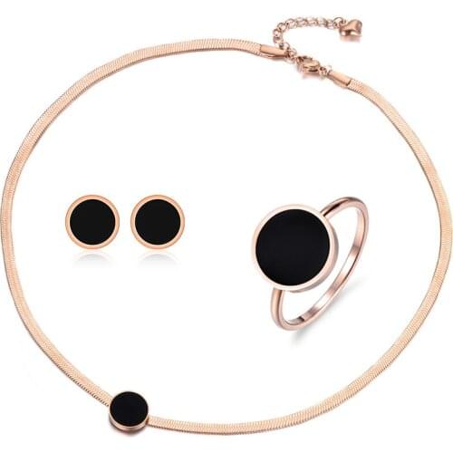 Trendy Black Acrylic Stainless Steel Snake Chain Thin Necklace Bracelet Earrings Rings Jewelry Sets For Women SE004