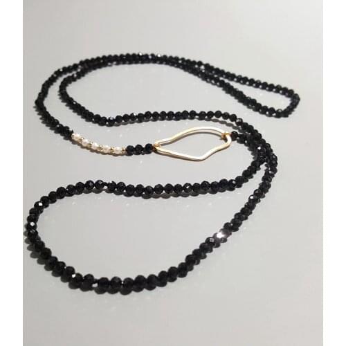 LiiJi Natural Black Spinel Freshwater Pearl 925 Sterling Silver Gold color Geometric Circle Long Necklace 65cm Delicate Jewelry