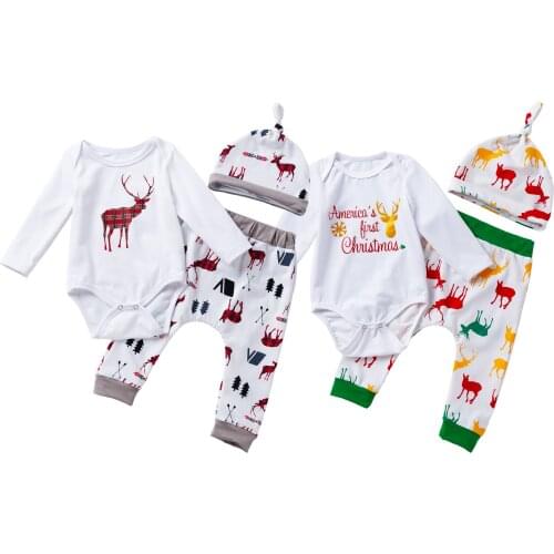 3 PCs Christmas Day Overalls 0-24 Months Infant Toddler Baby Girls&Boys Dress Long Sleeve Romper & Pants Set-Kids Clothes-Plays