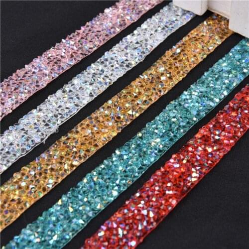 1.5Cm Wide Rhinestones Tape Hotfix Trimming Ab Color Crystal Resin Diamond Banding Chain Diy Decorations Shoes Trouser Accessory