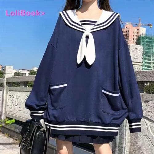 Lolibook2021 Japanese autumn and winter age reduction bowknot girl cute sweet navy collar loose long-sleeve student Hoodie
