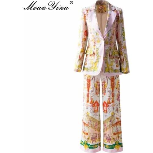 MoaaYina Fashion Runway Autumn Print Vintage Pants Set Womens Long sleeve Single Button Jackets and Pants Two Piece Suit