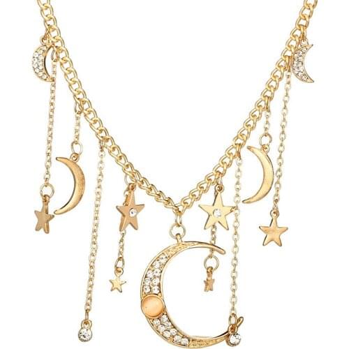 Fashion Crystal Necklace Star Moon Tassel Pendant Chain water-wave Chain Long Single Layer Necklace