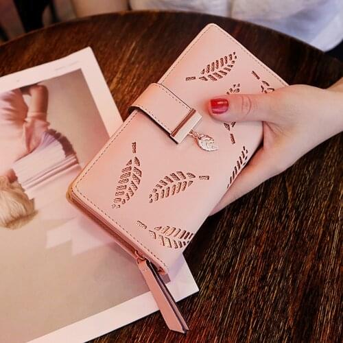 Fashion Hollow Leaf Womens Wallets Casual Pu Leather Wallet Solid Color Zipper Wallet Multi-card Female Card Bag Lady Clutch