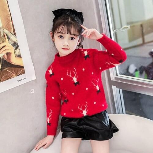 New Girl Mink Down Casual Sweater Childrens Knitted Woolen Autumn/Winter Kids Cute Long Sleeve Keep Warm Thicken Red White Pink