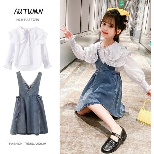 Girls Outfits Spring 2021 Girls Clothing White Shirt Denim Suspender Skirt Sets for Girls Tracksuit 8 10 12 Years Kids Clothes