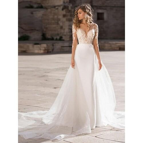 Sexy Wedding Dresses Jersey Tulle Appliques Pleat V-Neck Full Sleeve Zipper Mermaid Bridal Gowns Novia Do 2021 New