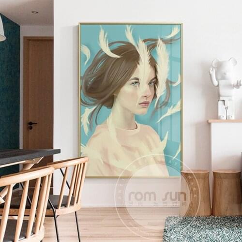 NordicComic girl Canvas Feather Bird Poster Print Modern Lady Women Wall Art Painting for Living Room Girl Bedroom Anime Cuadros