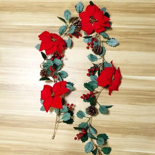 Christmas Poinsettia Rattan Artificial Red Flowers And Green Leaves Garland For Home Decor Farmhouse Decoration