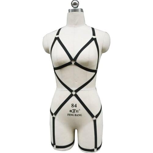 Sexy Black Body Harness Cage Bra And Garters Elastic Crop Top Bondage Lingerie Goth Harajuku Sexy Stockings Suspenders N0078