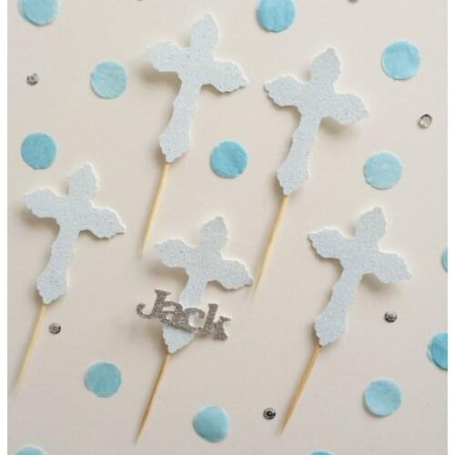 Personalized name GLITTER cross cupcake toppers Christening Baptism baby shower birthday decorations food picks party supplies