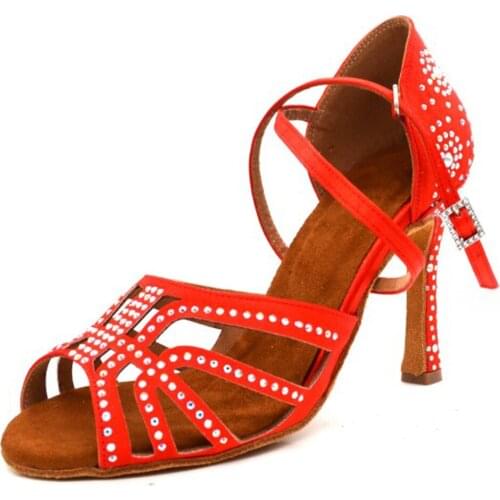 Evkoodance Red color crystal Shoes satin latin dance shoes 7cm flower pu Professional Latin Ballroom Dance Shoes For Women