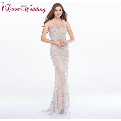 Evening Dress Luxury Shiny Champange Silver Mermaid Formal Dress Sexy Spaghetti Straps Long Beaded Pearl Robe De Soiree