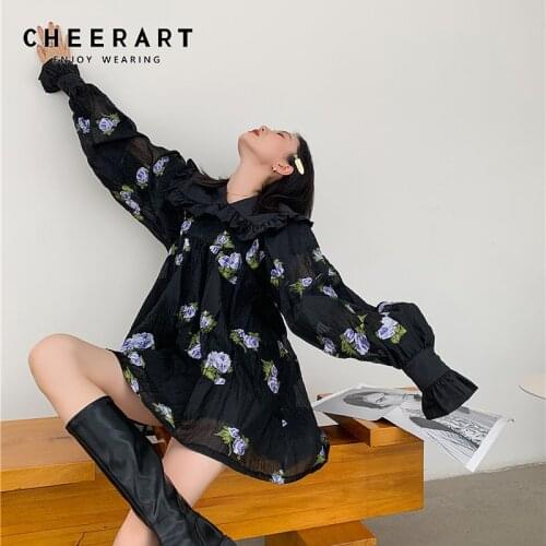CHEERART Vintage Floral Jacquard Ruffle Puff Sleeve Dress Women Long Sleeve Black Loose Mini Ruched Dress 2021 Korean Fashion