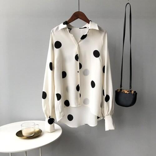 2020 New Women Spring Chiffon Turn Down Collar Oversized Big Dots Print Blouses White Shirt Blusas Roupa Feminina