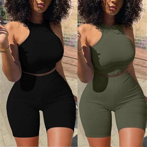 Two Piece Set Women 2021 Summer Solid Color Tracksuits Sleeveless Vest Crop Tops + Skinny Shorts 2Pcs Set Sexy Fitness Clubwear