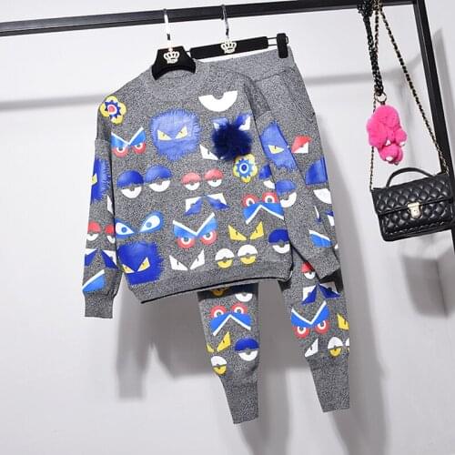 Autumn New Fashion Print Knitted Set Women Loose Long sleeve Sweater + Pencil Pants 2pcs Female Knit Pullover Trousers Tracksuit