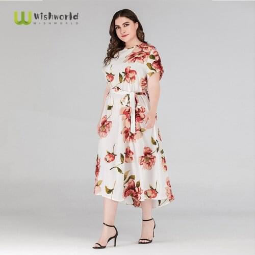 XL-XXXXL Wishworld New Slightly Fat Women Large Waistband Decorative Loose Print Dress Fashion Summer Sun Dress Casual Dress