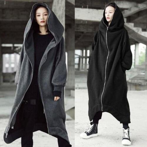 M-5XL ladies autumn and winter solid color personality street zipper hooded long plus velvet sweater coat