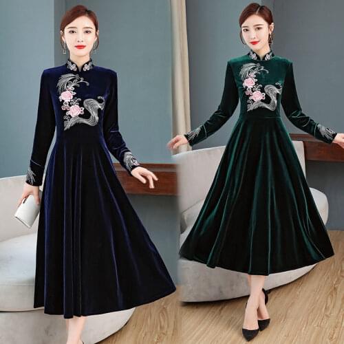 Women Winter Elegant Embroidery Velvet Dress High Quality Long Party Robe Femme Chinese Style Designer Cheongsam Vestidos f2119