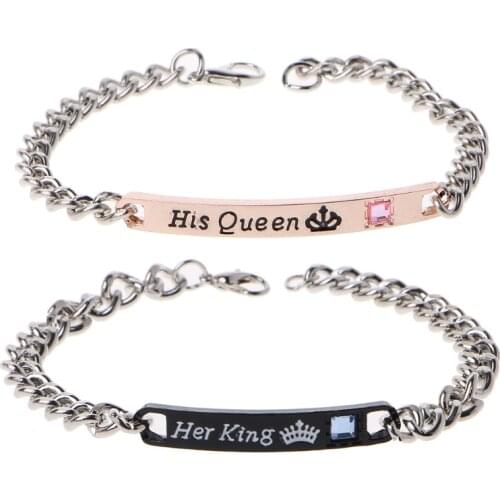 2Pcs Jewely Gift for Lovers His Queen Her King Stainless Steel Couple Bracelets
