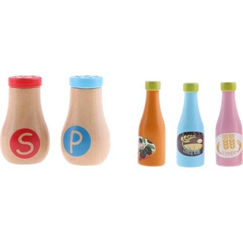 5pcs Wooden Seasoning Bottles & Salt Powder Jars Set Kids Role Play Games Toy Playset Dollhouse Pretend Play Toy
