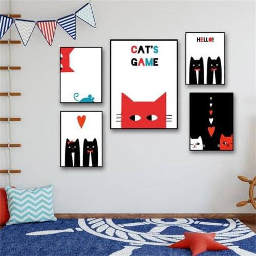 Abstract Wedding Decoration Wall Artwork Cartoon Red And Black Cat Posters HD Prints Nordic Watercolor Picture Canvas Painting