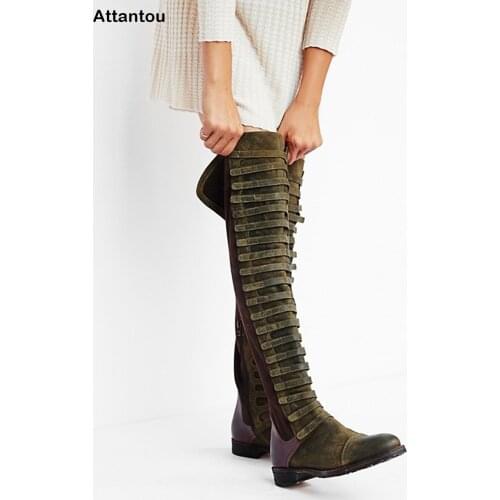 Attantou new flat bottom stovepipe elastic boots woman shoes over the knee long tube high tube casaul winter straps female boots