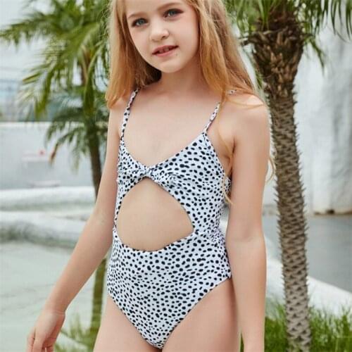 Children One-piece Spot Print Swimsuit Girls Sleeveless Backless Hollow Out Swimwear with Bow-knot for Summer Kids Swimwear