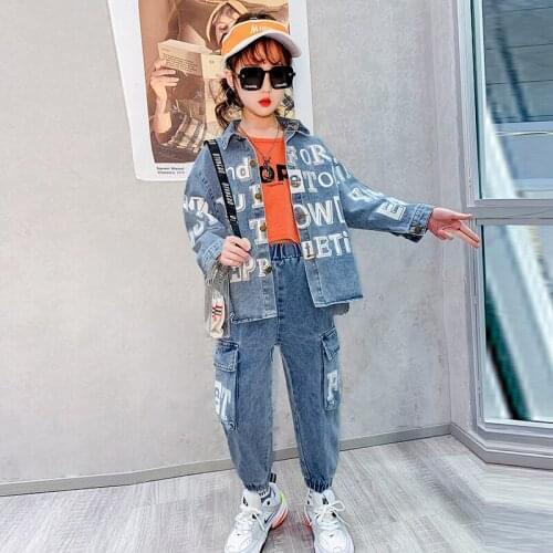 Spring Autumn Cowboy Children Clothes Girls Denim Shirts Coats Pants Letter Pockets Jeans Outfits Kids Boy Sets 6 8 10 12 Years