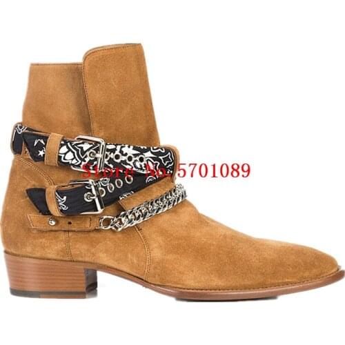Western Buckle Ankle Boots Wyatt Harness Cowboy Boots Bandanna Strap Kanye West Chain Shoes Suede Jodhpur Chelsea Boots