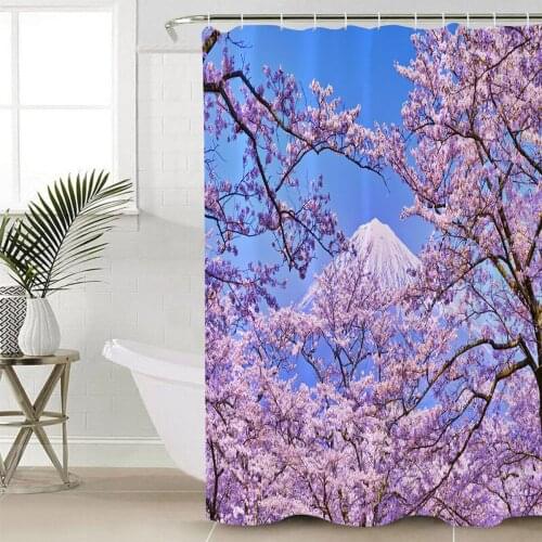 Mount Fuji Cherry Tree Pink Flowers Shower Curtain Bathroom Decorative Waterproof Polyester Fabric Curtain for Bathroom