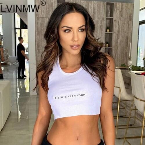 LVINMW Letters Printed White Casual Stretchy Sleeveless Tank Tops Women Rib Slim Basic Short O Neck Summer Crop Top Streetwear