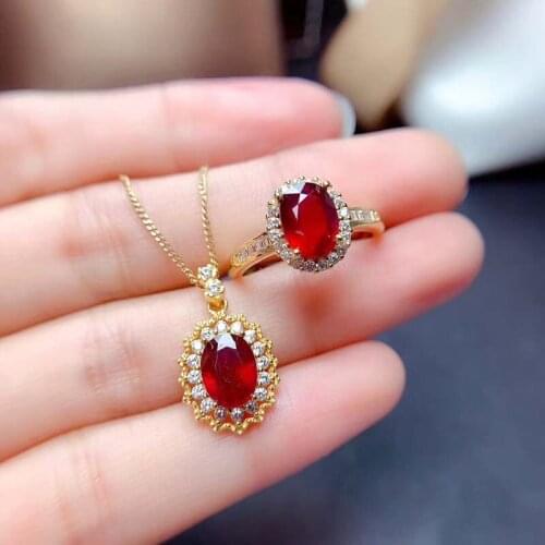 Natural Heated Ruby Jewelry Sets for Women Party Necklace and Ring Fine Jewelry Real Red gemstones S925 Sterling Silver S46