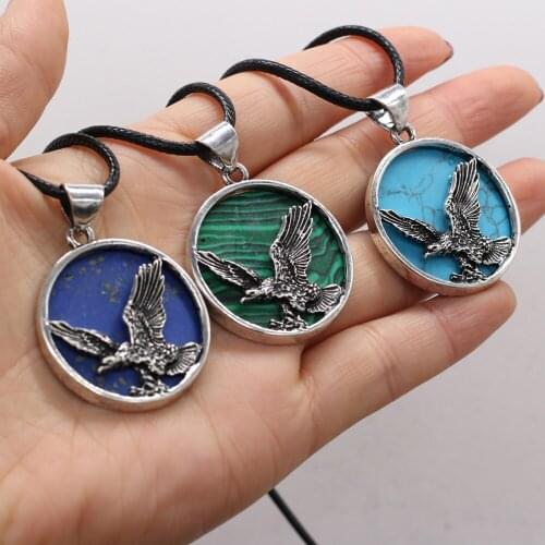 Natural Stone Necklace Round Flying Eagle Semi-Precious Pendant Leather Cord 2MM Charms For Elegant Women Love Romantic Gift