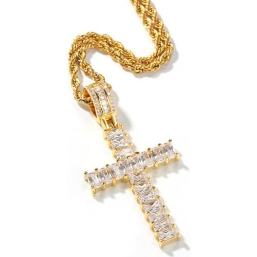 Iced Out Jewelry Micro Paved Baguette CZ Diamond Choker Luxury Cross Pendant Crystal Necklace for Men Women