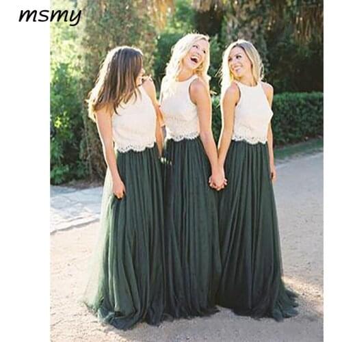 Simple Modest Forest Green Tulle Sleeveless Ivory Lace Top Bridesmaid Dressese Party Prom Dresses Custom Made Custom Made