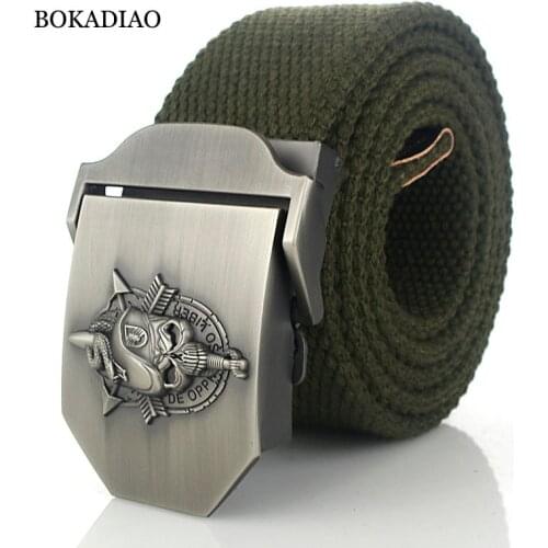BOKADIAO Men&Women Military Canvas belt luxury Skull Metal buckle jeans belt Army tactical belts for women waistband strap male