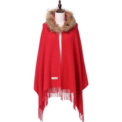 ZY87032 2016 Fashion New Winter Luxury Raccoon Collar Wool With Hood Tassel Scarf Shawls Women And Men Winter Scarfs 7 Colors
