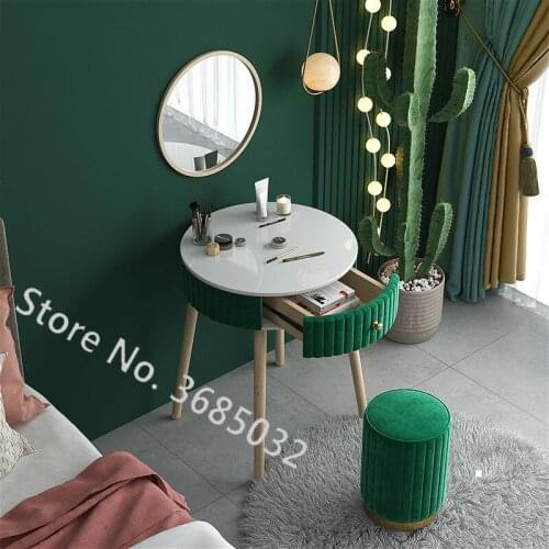 Nordic Pink Dresser Table Set with Drawer + Mirror + Stool Creative Make-up Dressers Table Wooden Legs Bedroom Furniture 60cm