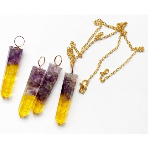 Bhuann Yellow Quartz Purple Stone Necklace Hexagonal Crystal Necklace Decoration Gold-chain Resin Orgone Pendant Necklace