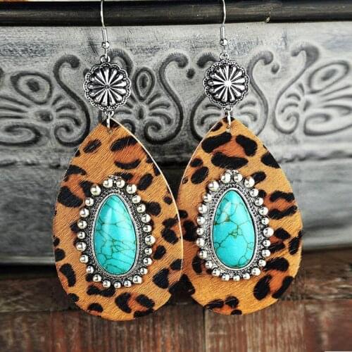 Wild West Big Water Drop Leopard Leather Earrings Tribal Jewelry Teardrop Natural Turquoises Blue Stone Earrings Femme