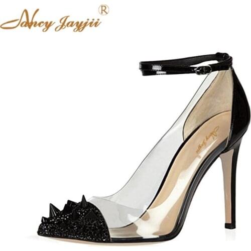 New Summer Hand Transparet Womens PVC High Stilettos Pumps With Rivets Ankle Strap Pointed Toe Ladies Party Evening Shoes Woman