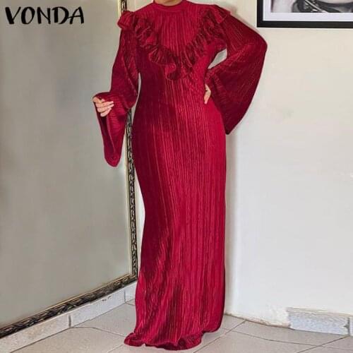 Women Elegant Spring Dress 2021 VONDA Ruffled Sundress Long Flare Sleeve Party Maxi Long Dress Casual Loose Vestido Robe Femme