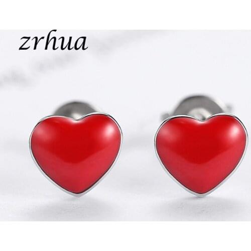 ZRHUA Authentic Silver Color CZ Exquisite Heart Stud Earrings for Women Jewelry Valentines Day Gift for Christmas