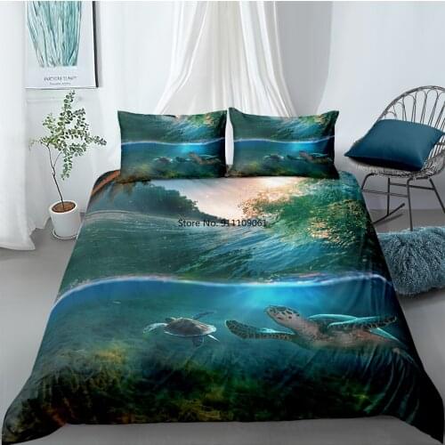 2-3 Pieces Sea World 3D Duvet Cover Sets Blue Sea Turtle Bedding Down Covers and Pillowcases Childrens Bedroom Decor