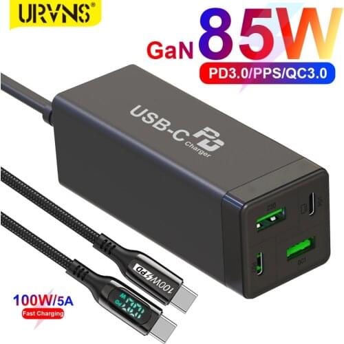URVNS GaN 4-Port 85W USB C Power Adapter, 2port Type-C PD And QC3.0 Fast USB Charger For iPhone 12, Xiaomi, Samsung, MacBook Pro