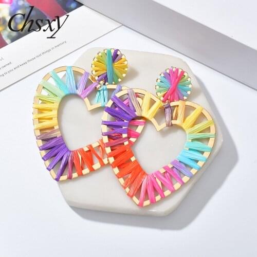 CHSXY Bohemian Handmade Rainbow Colorful Raffia Earrings Geometric Big Round Oval Heart Statement Dangle Earrings Summer Jewelry